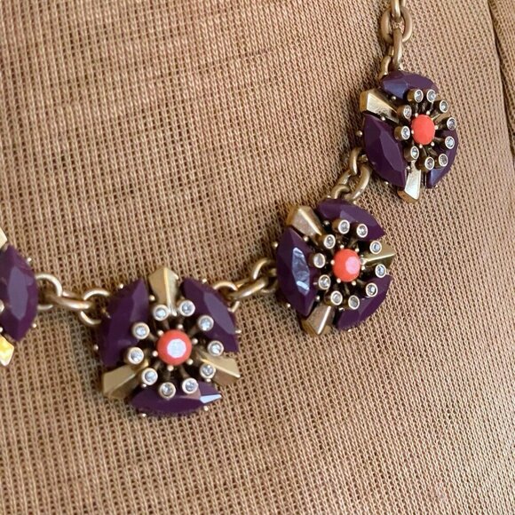 J Crew Statement Necklace Purple Coral Gold Rhinestone Crystal Cluster Retro 18" - Picture 10 of 13